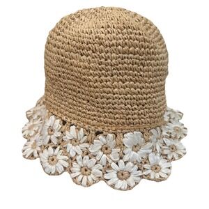 REDFish Designs Raffia Floppy Bucket Hat Flowers Brim Beach Hippie BOHO Packable